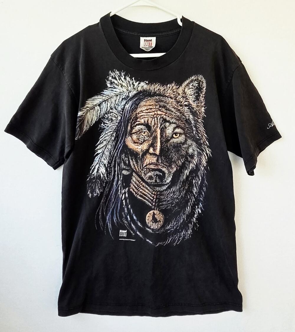 VTG Stand Out Designs Wolf Native American Face Black T Shirt USA Mens Large L